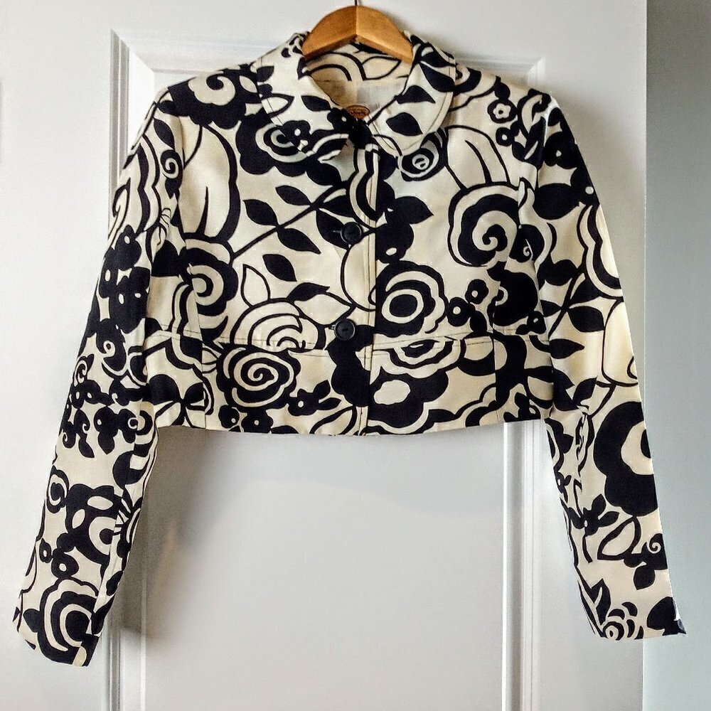 Talbots Black Ivory Print Silk Bolero Jacket